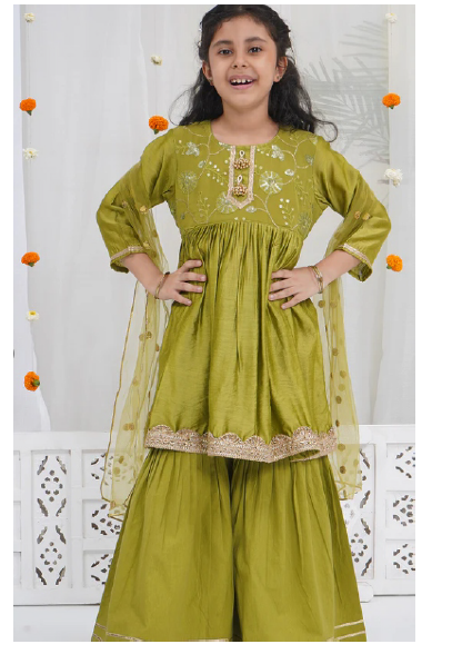Girls Mehendi Green Chanderi Silk Floral Embroidery Kurta Sharara Set with Dupatta & Cotton Lining