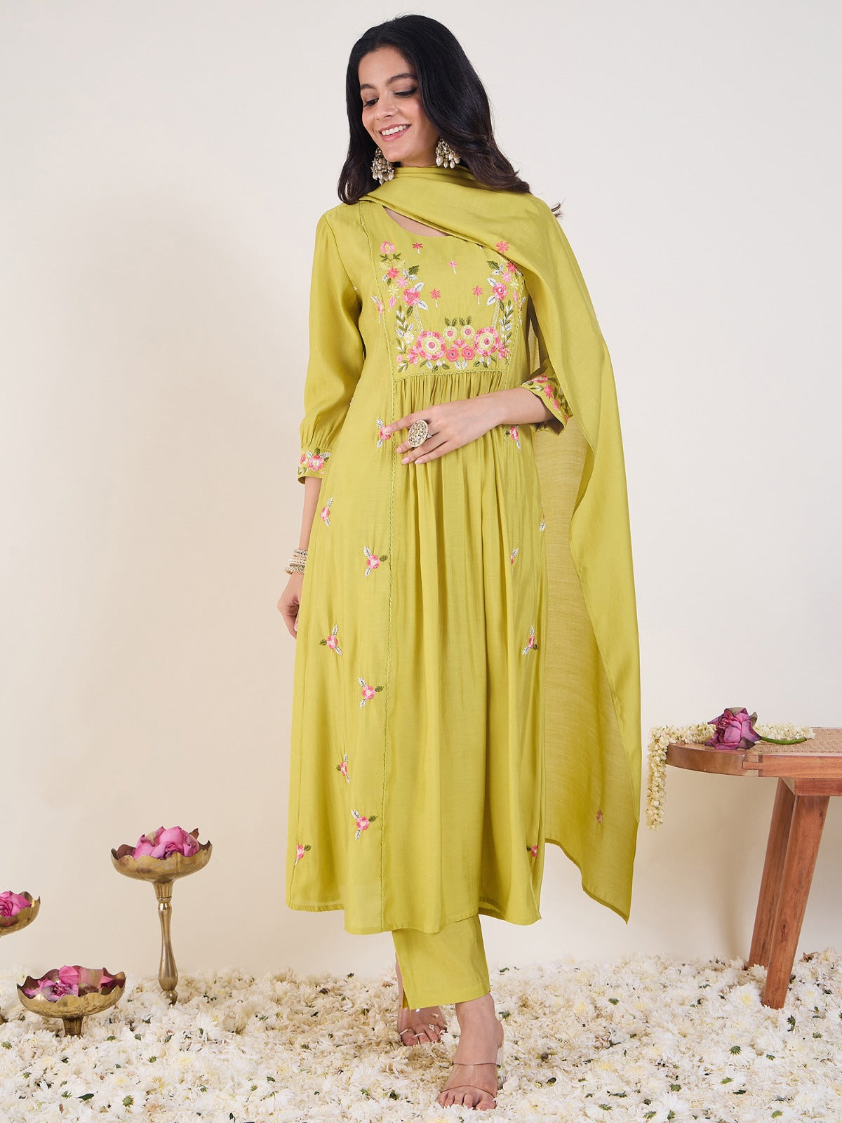 Green Embroidered A-Line Kurta Set with Trousers & Dupatta
