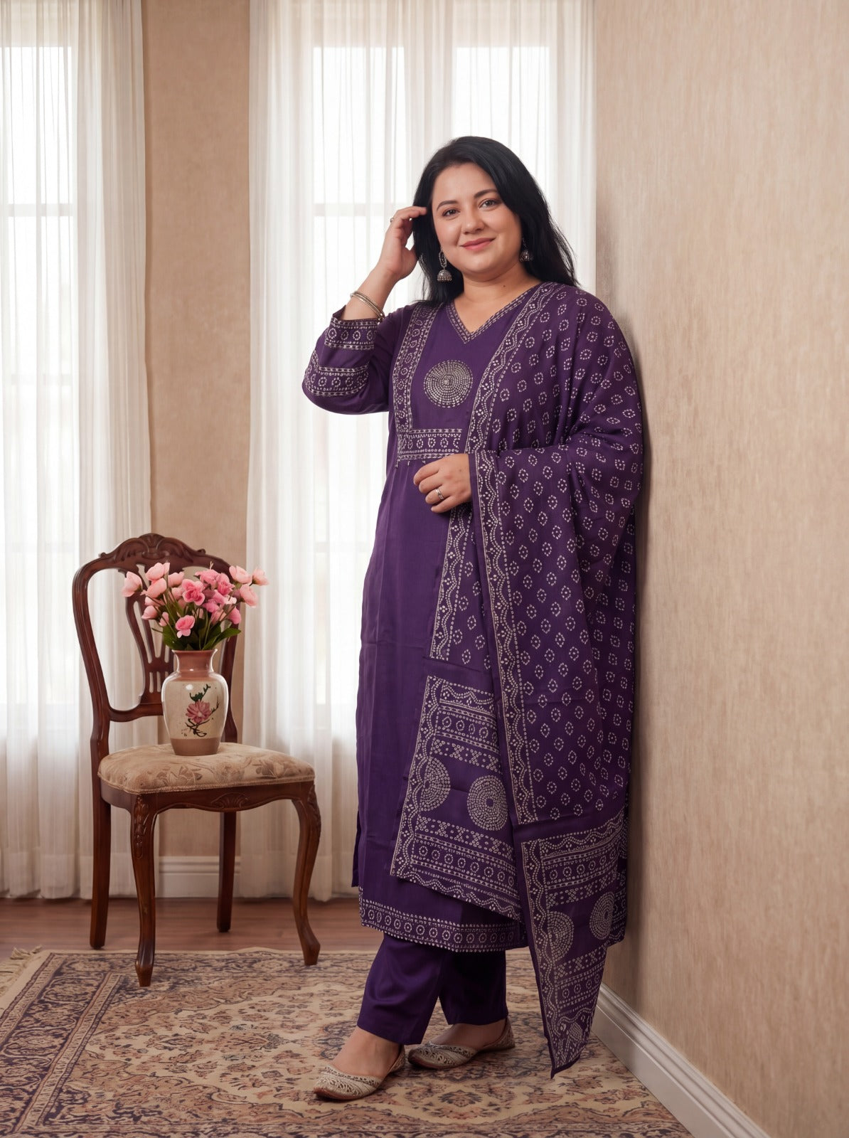 Aromie Plus Size Purple Printed Straight Kurta Set with Trousers & Dupatta | Pure Cotton