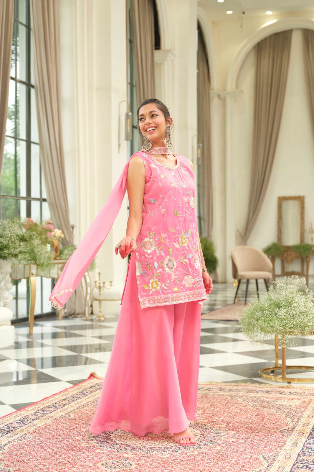 Floral Embroidered Thread Work Kurta With Palazzos & Dupatta