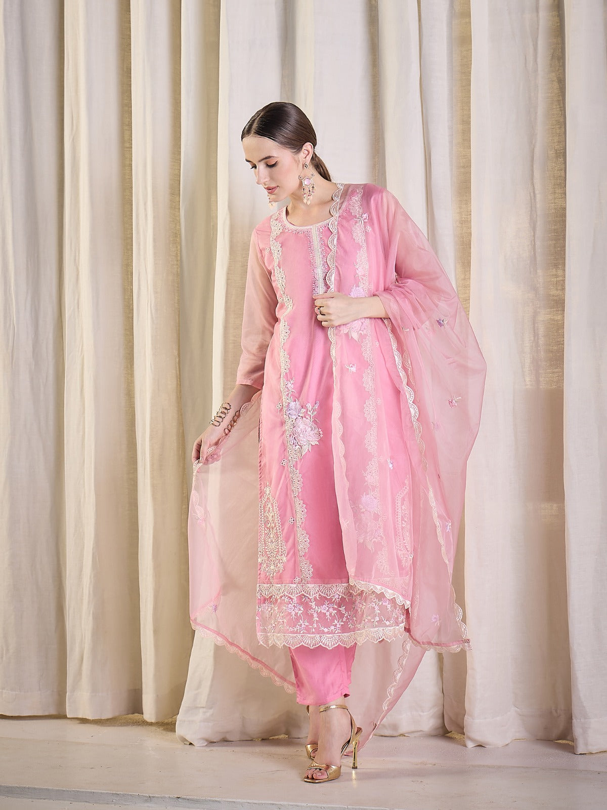 Pink Embroidered Organza Straight Suit Set with Trousers & Dupatta