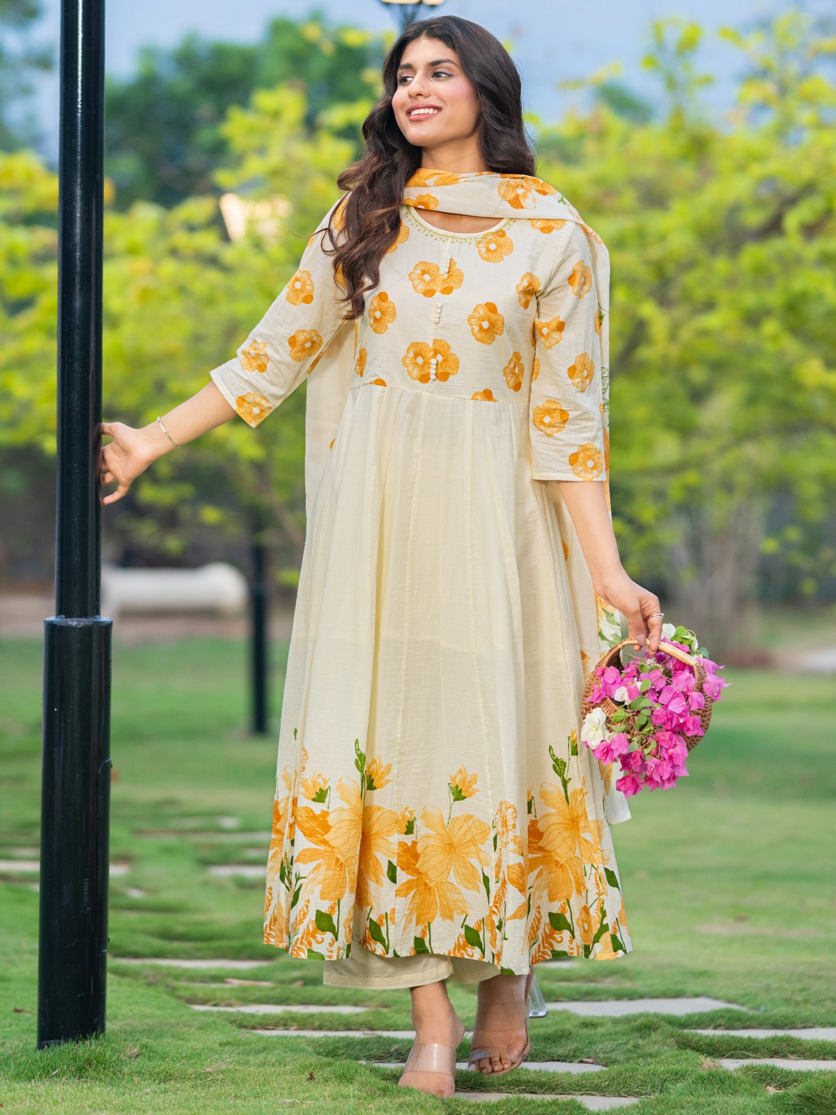 Off White Printed A-Line Kurta Set with Trousers & Dupatta