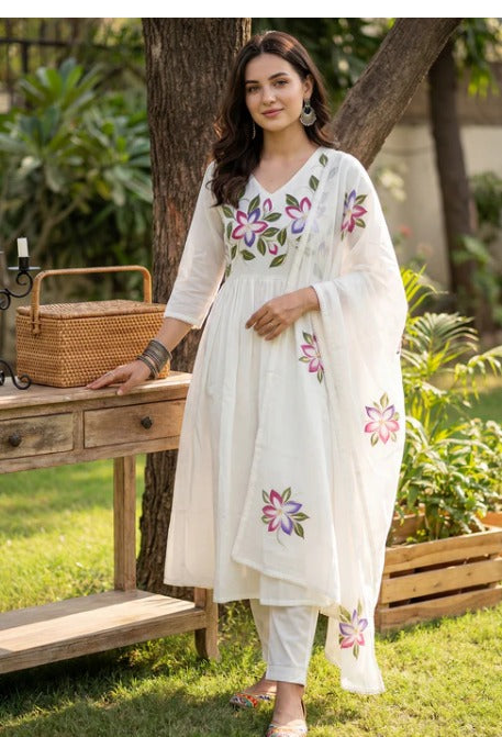 Off-White Floral Printed Cotton Anarkali Set with Dupatta aromie