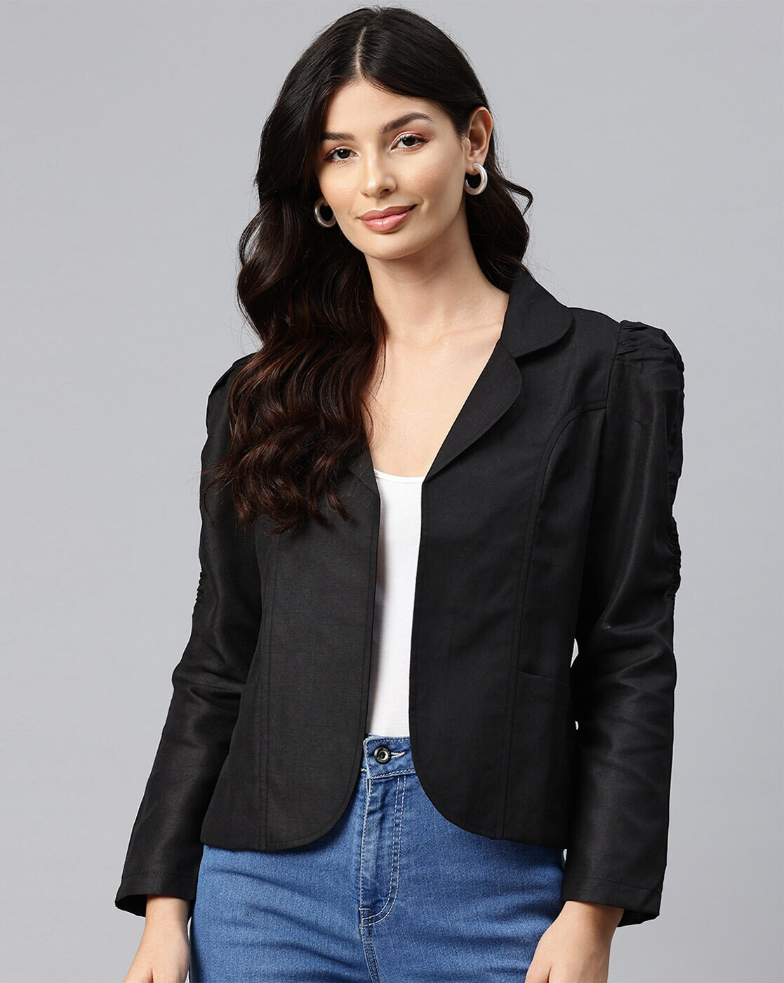 Front view of women’s cotton blend open front jacket – lightweight and casual