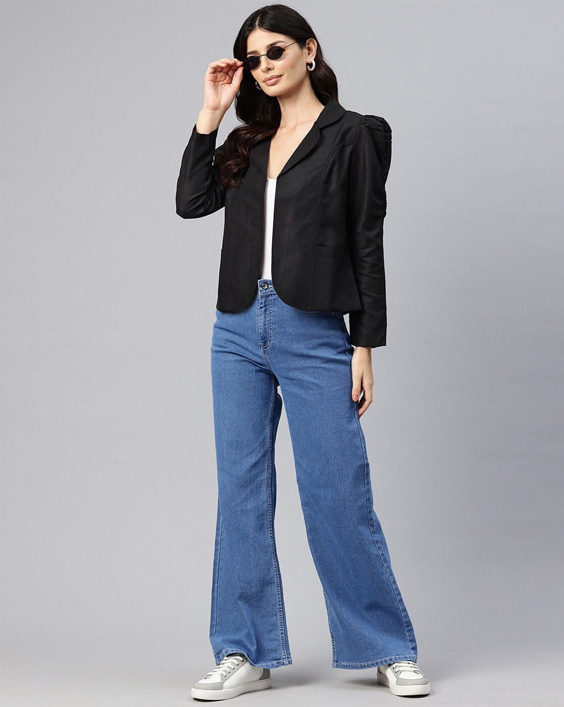 Front view of women’s cotton blend open front jacket – lightweight and casual