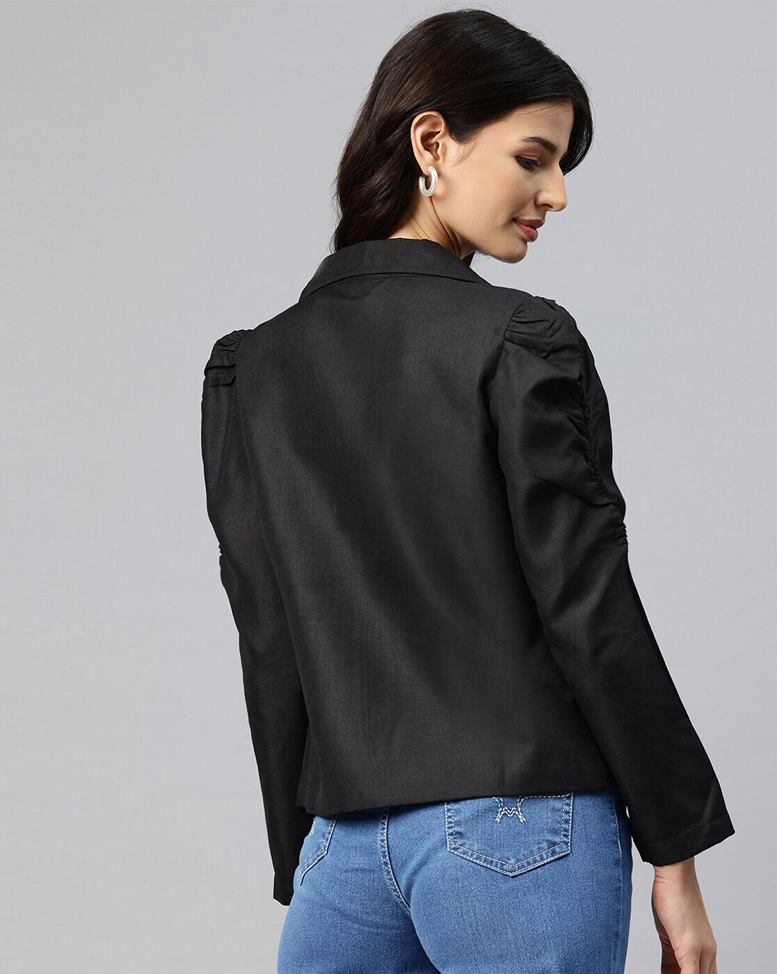 Front view of women’s cotton blend open front jacket – lightweight and casual