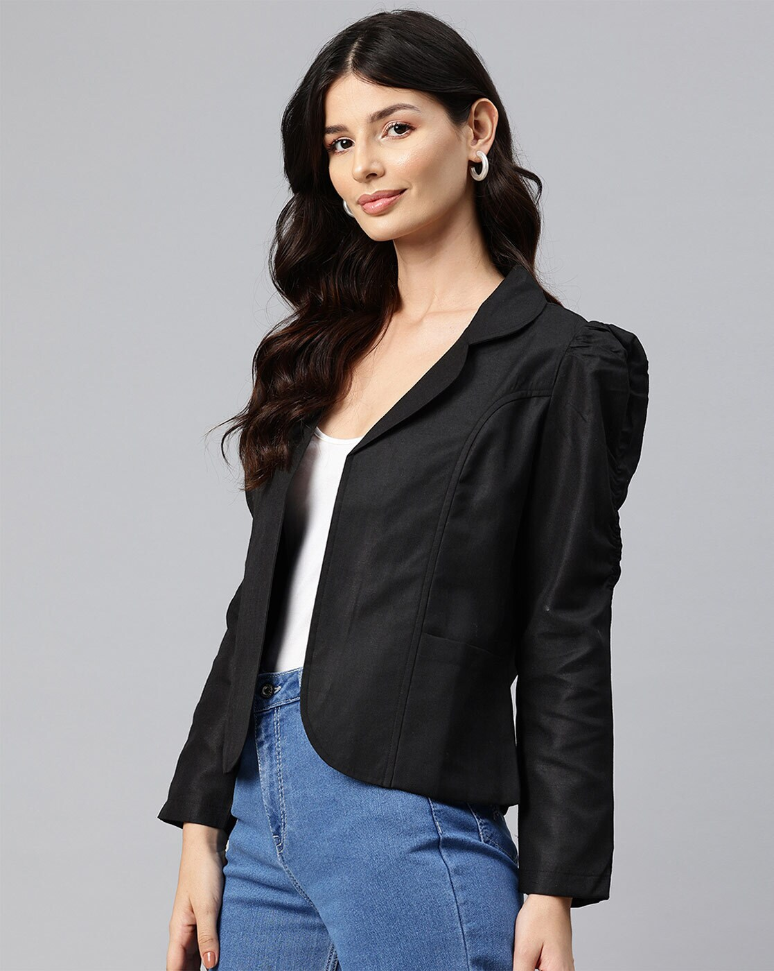 Front view of women’s cotton blend open front jacket – lightweight and casual