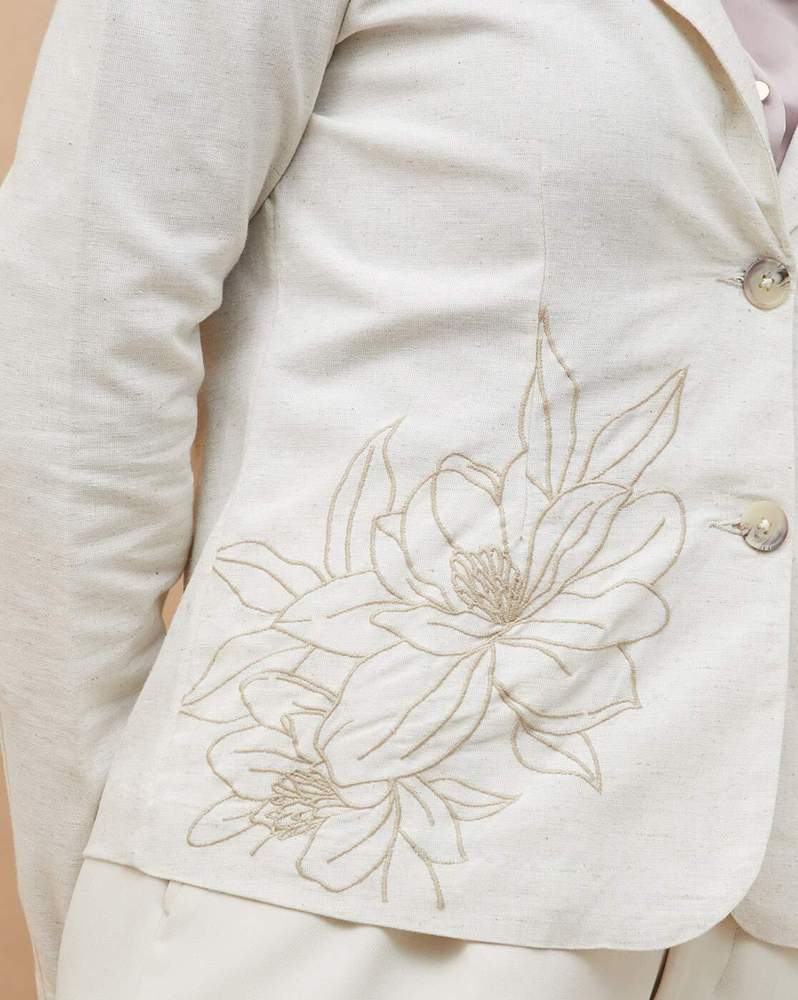 Front view of embroidered button closure jacket for women – elegant and tailored