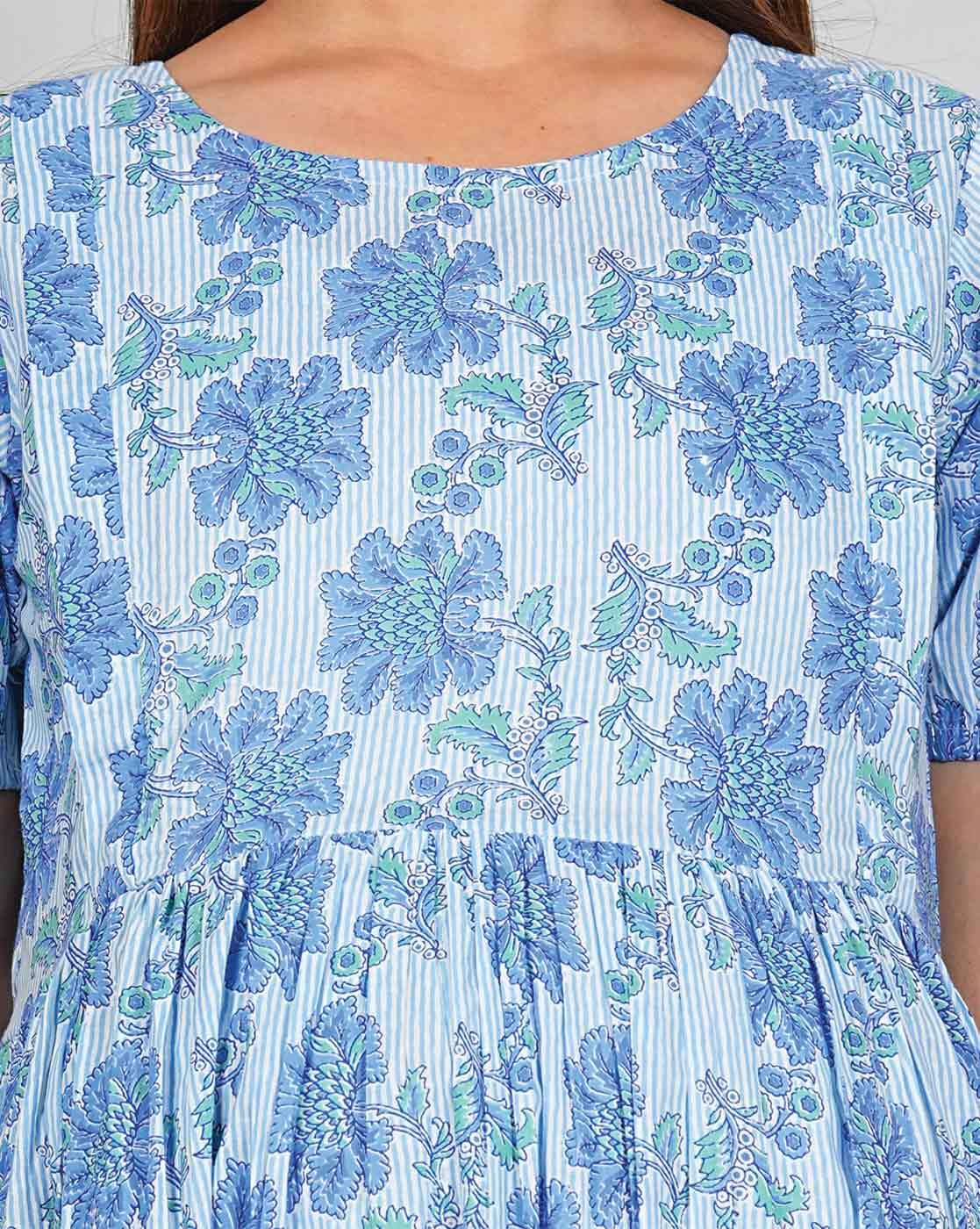 "Women’s cotton maternity dress with round neck – casual Indian pregnancy wear"