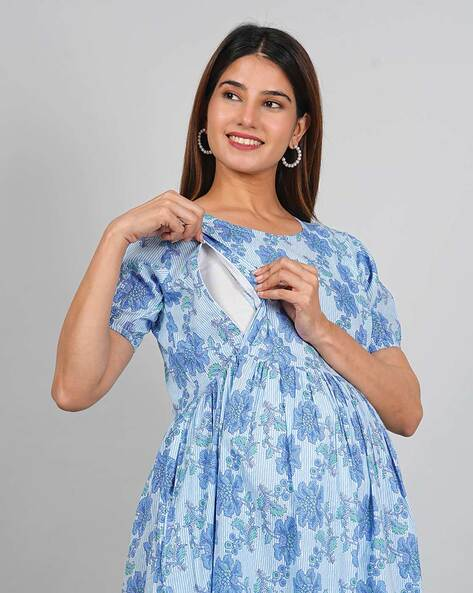 "Women’s cotton maternity dress with round neck – casual Indian pregnancy wear"