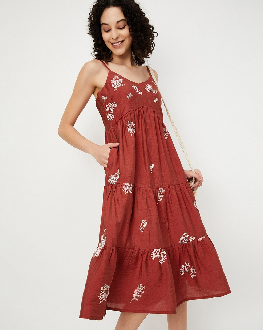 "Women’s embroidered midi tiered dress with round neckline – Indian fashion for women"

