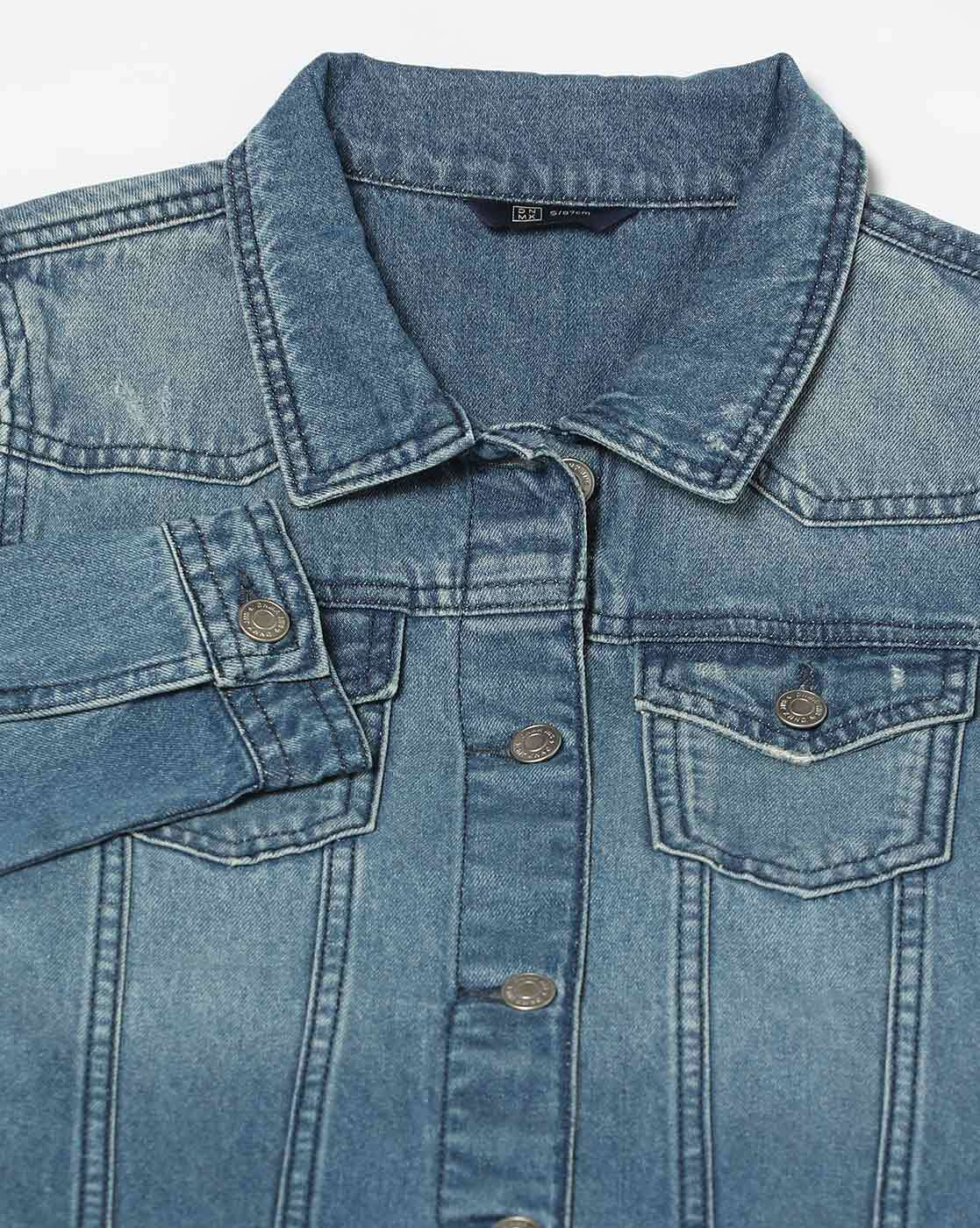 Front view of lightly washed denim jacket for women – relaxed fit and beige cotton