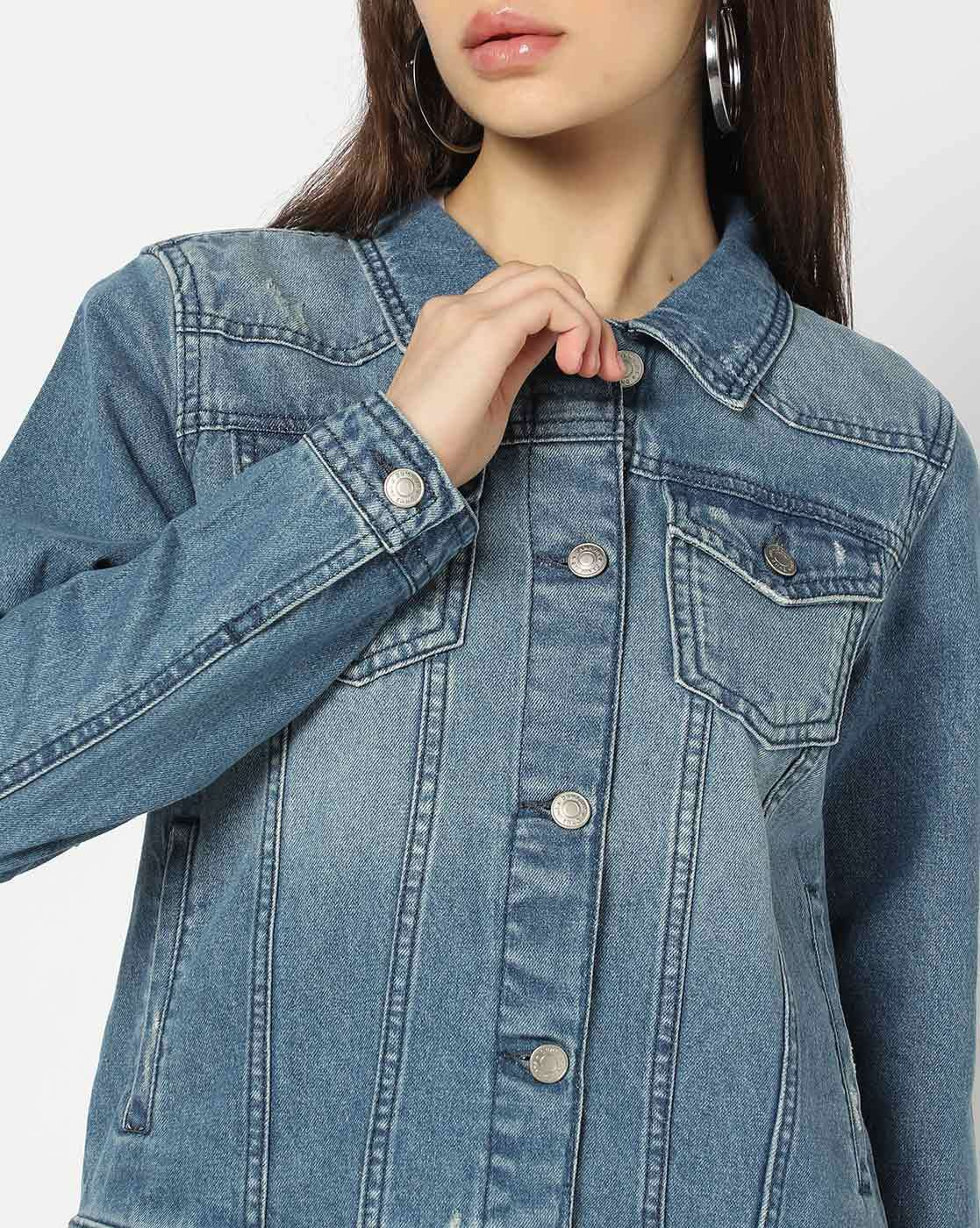 Front view of lightly washed denim jacket for women – relaxed fit and beige cotton
