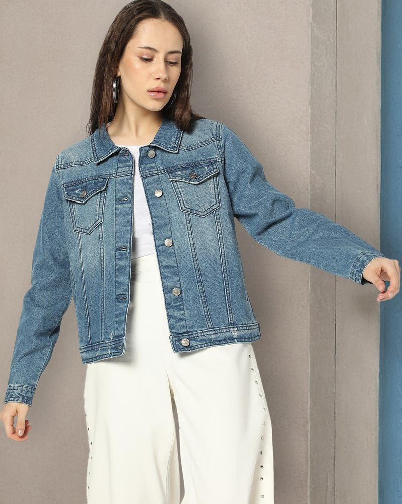 Front view of lightly washed denim jacket for women – relaxed fit and beige cotton
