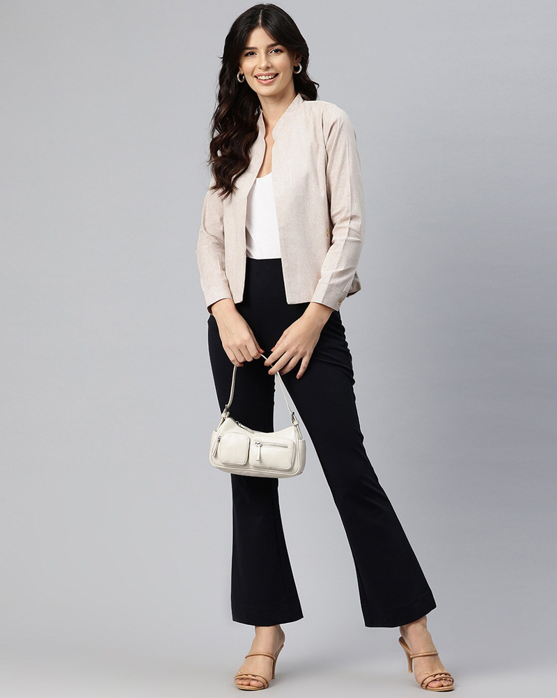 Front view of beige cotton open front jacket for women – lightweight and casual
