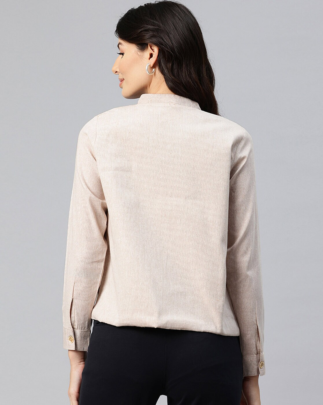 Front view of beige cotton open front jacket for women – lightweight and casual