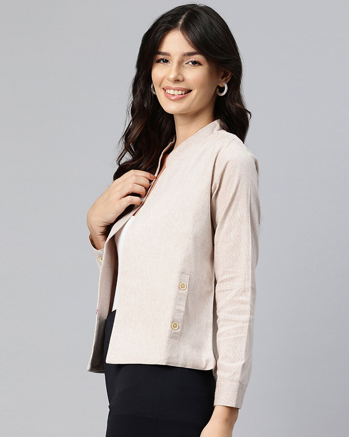 Front view of beige cotton open front jacket for women – lightweight and casual