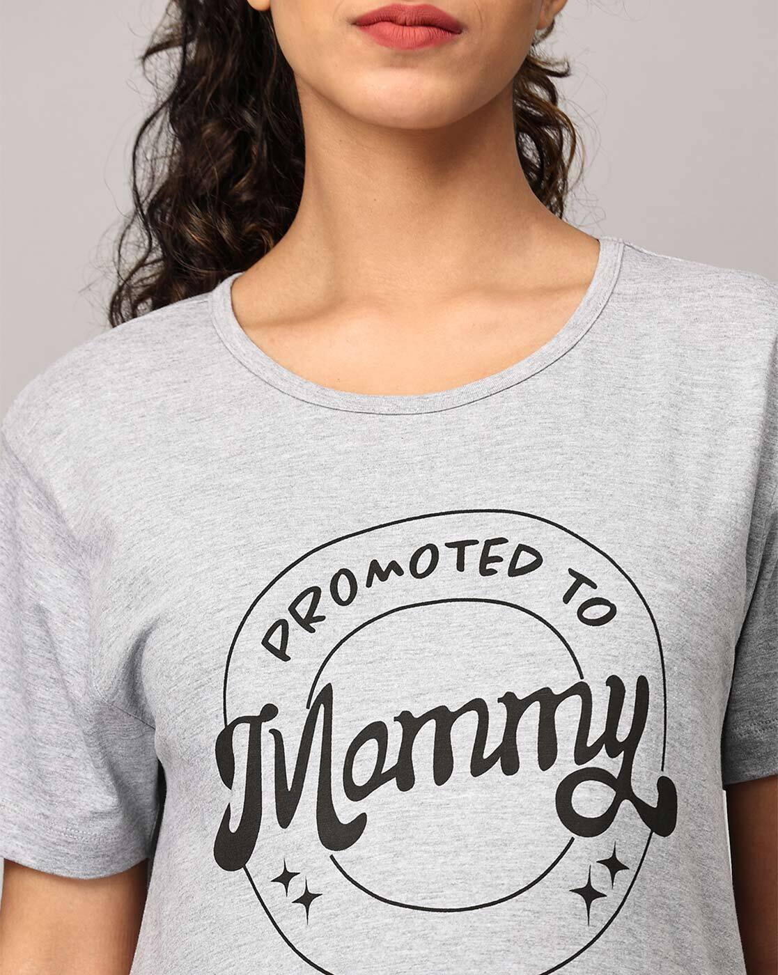 "Women’s cotton A-line maternity dress with typographic print and round neck – breathable pregnancy wear"