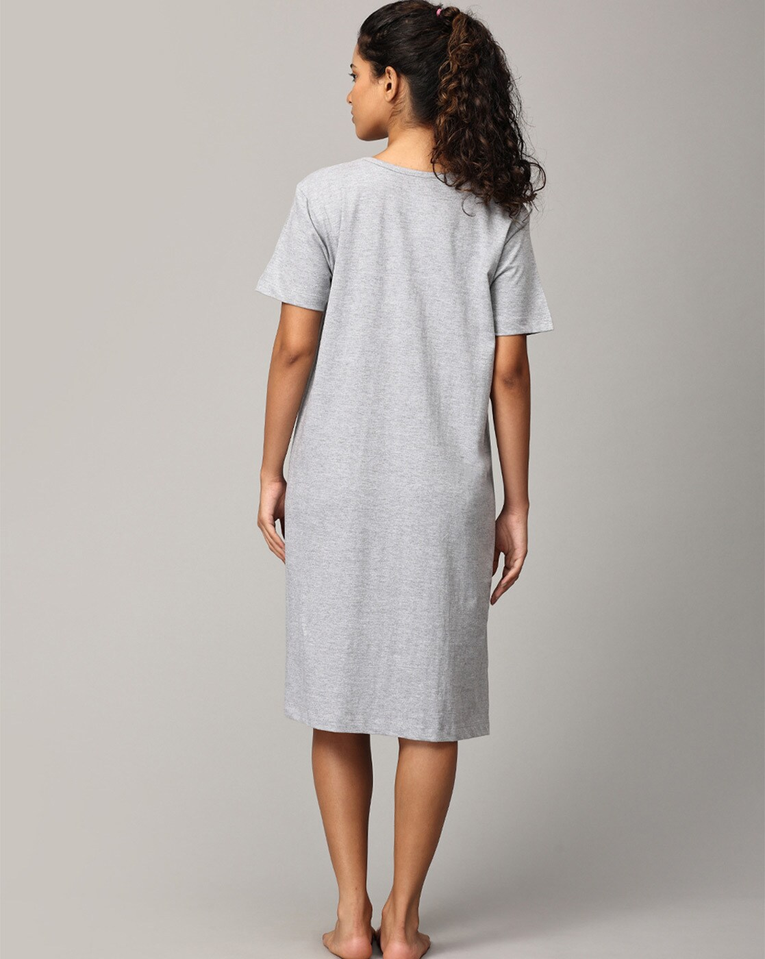 "Women’s cotton A-line maternity dress with typographic print and round neck – breathable pregnancy wear"