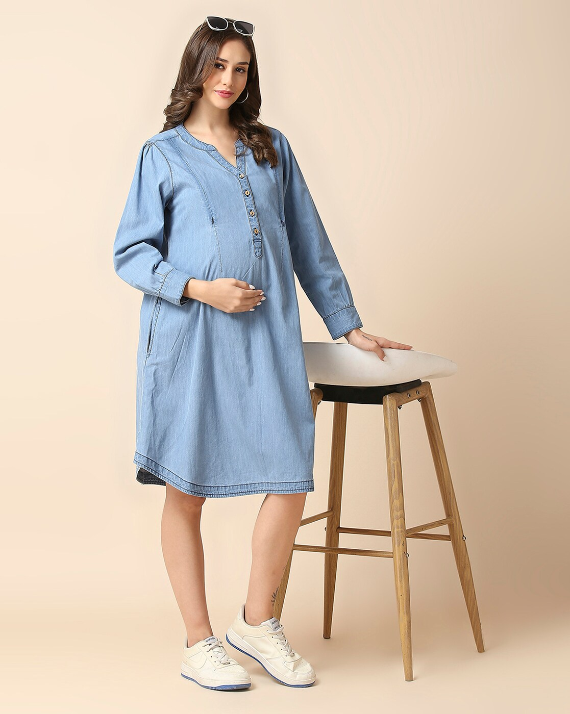 "Women’s cotton fit & flare maternity dress with Mandarin neck – casual pregnancy wear in India and Canada"