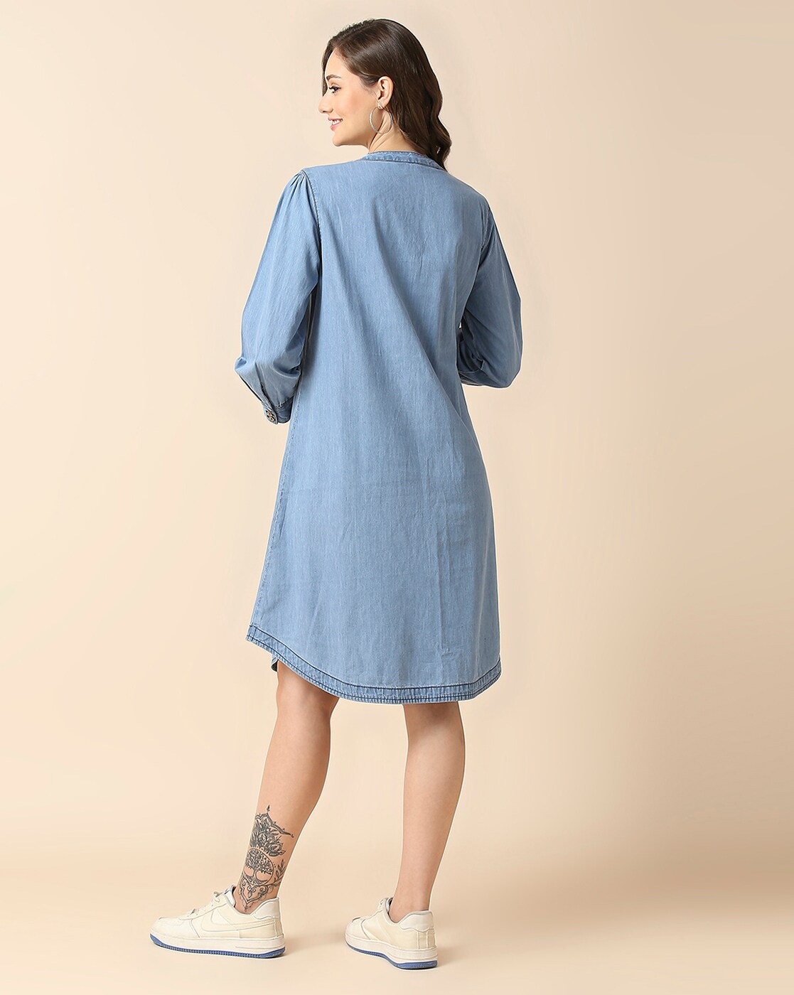 "Women’s cotton fit & flare maternity dress with Mandarin neck – casual pregnancy wear in India and Canada"
