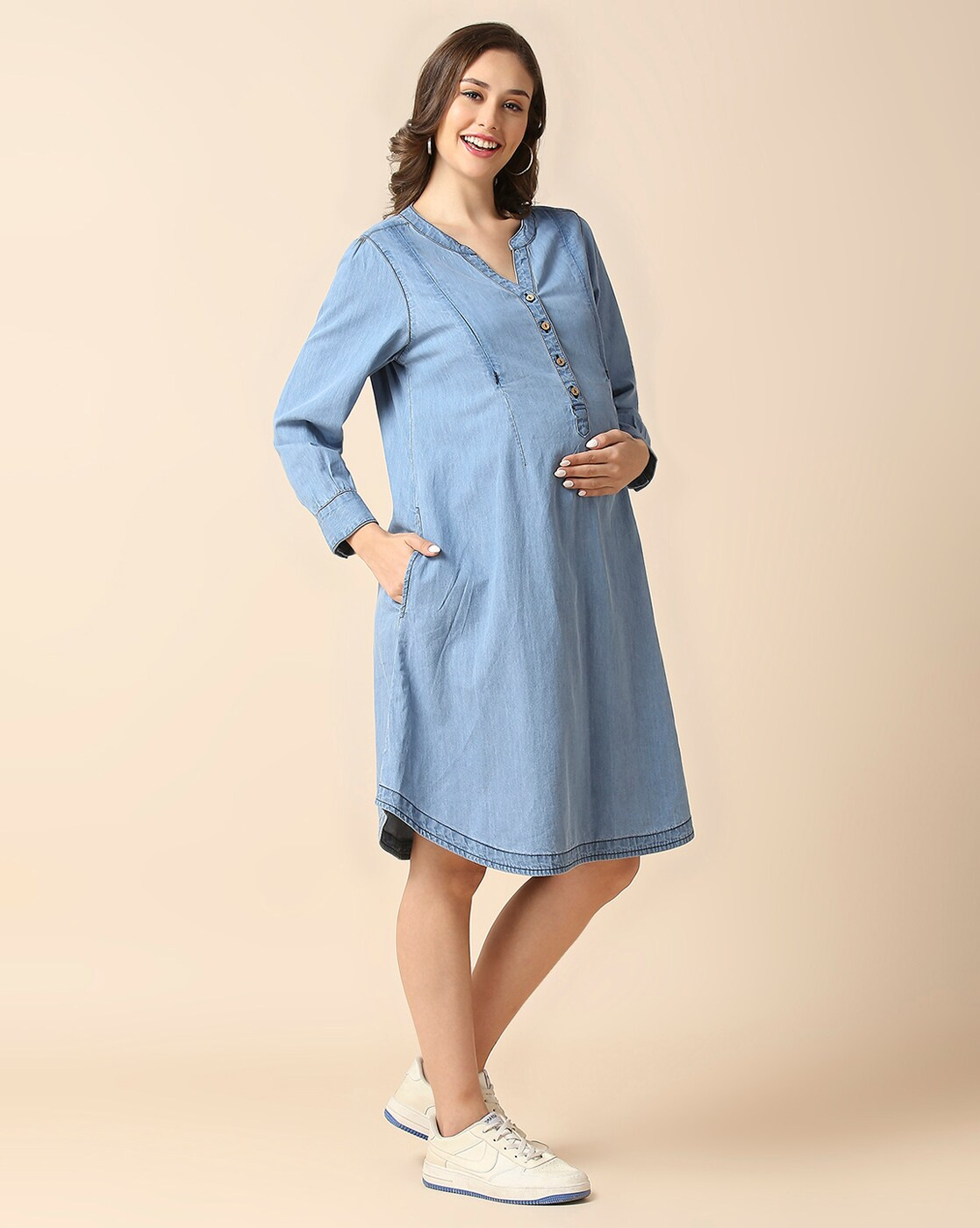 "Women’s cotton fit & flare maternity dress with Mandarin neck – casual pregnancy wear in India and Canada"
