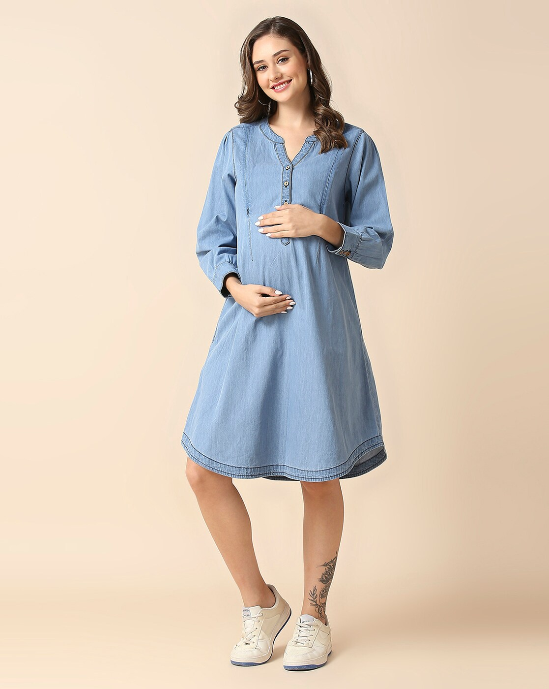 "Women’s cotton fit & flare maternity dress with Mandarin neck – casual pregnancy wear in India and Canada"