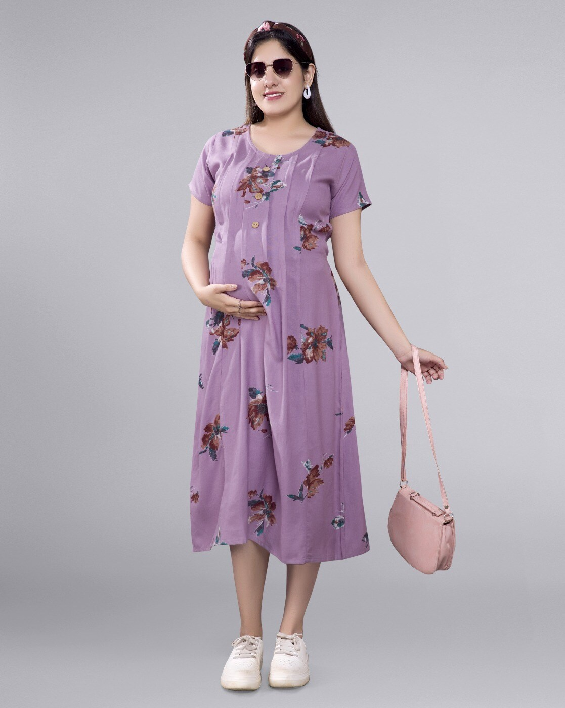 "Women’s floral A-line maternity dress with vertical feeding zippers – rayon nursing dress with raglan sleeves"
