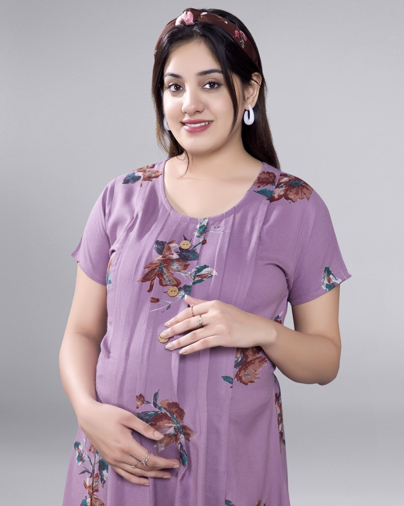 "Women’s floral A-line maternity dress with vertical feeding zippers – rayon nursing dress with raglan sleeves"