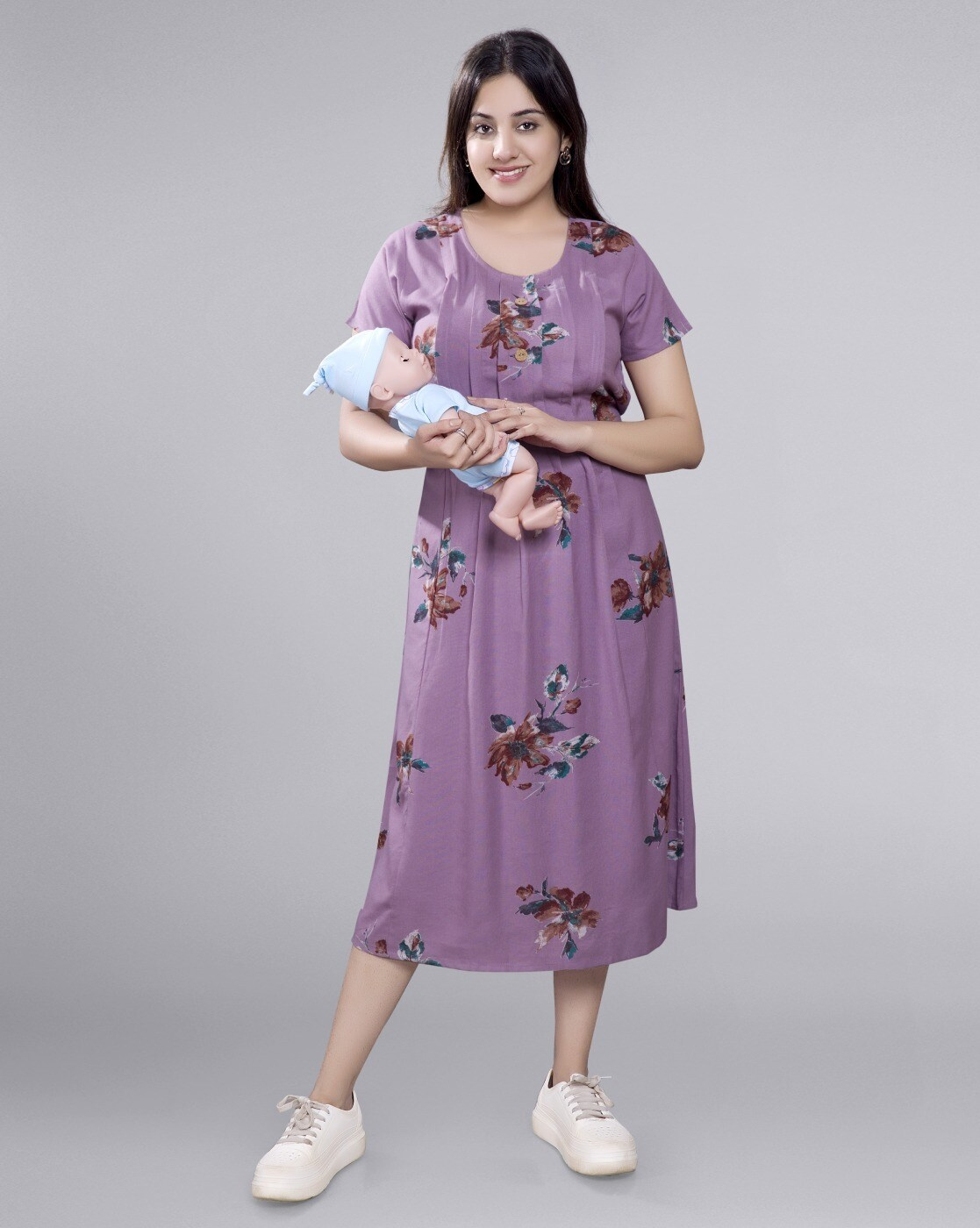 "Women’s floral A-line maternity dress with vertical feeding zippers – rayon nursing dress with raglan sleeves"