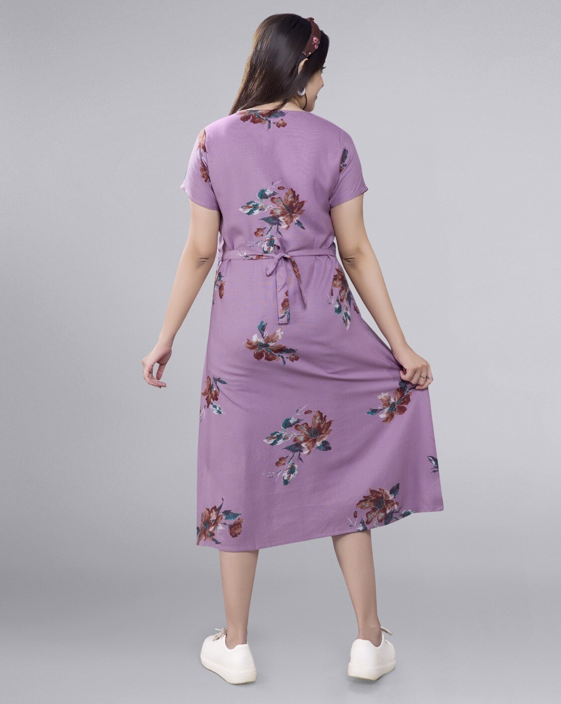 "Women’s floral A-line maternity dress with vertical feeding zippers – rayon nursing dress with raglan sleeves"
