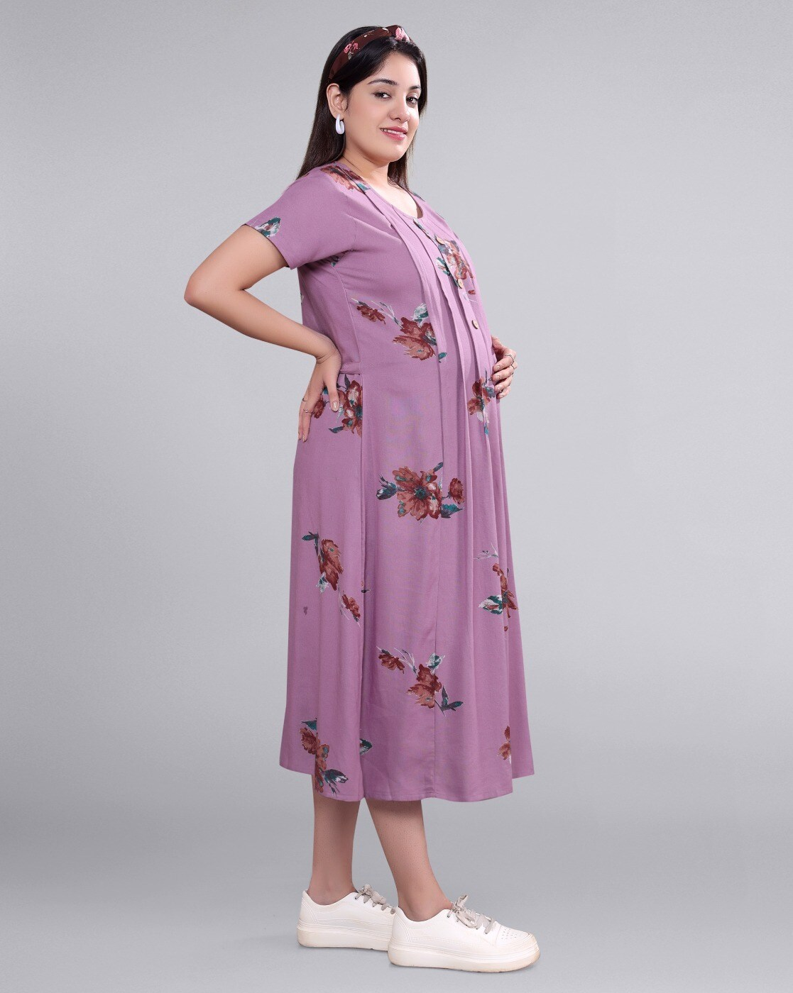 "Women’s floral A-line maternity dress with vertical feeding zippers – rayon nursing dress with raglan sleeves"