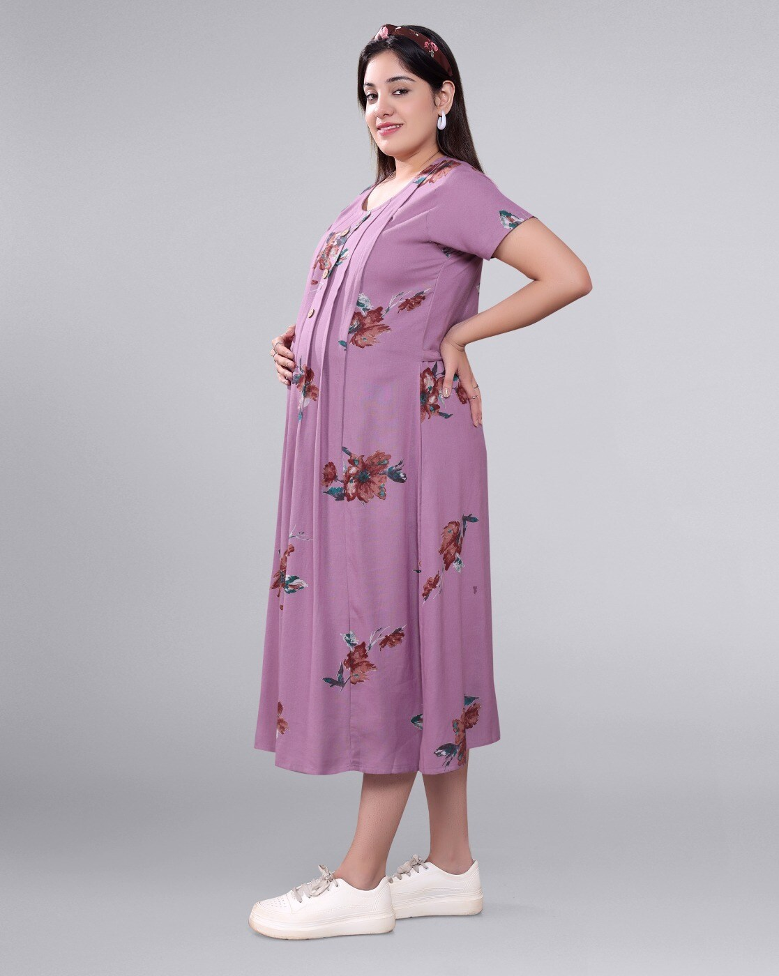 "Women’s floral A-line maternity dress with vertical feeding zippers – rayon nursing dress with raglan sleeves"