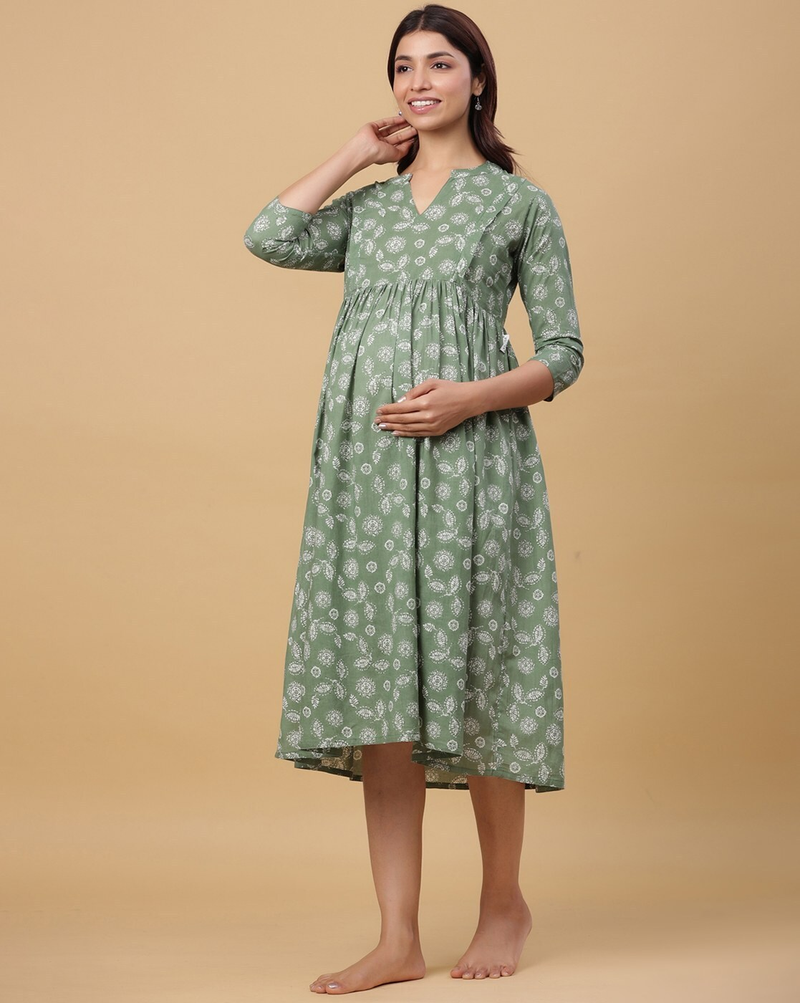 "Women’s cotton A-line maternity dress  and round neck – breathable pregnancy wear"