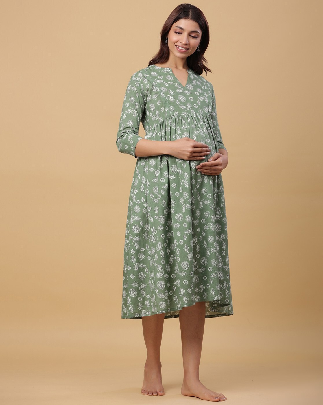 "Women’s cotton A-line maternity dress  and round neck – breathable pregnancy wear"