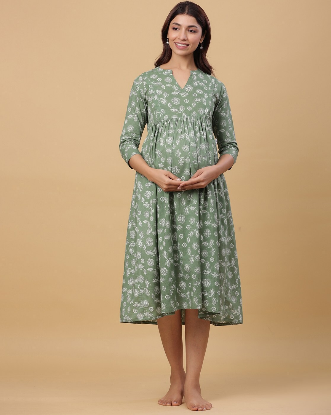 "Women’s cotton A-line maternity dress  and round neck – breathable pregnancy wear"