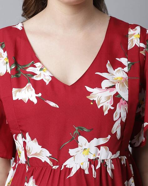 Women’s Floral Print Fit & Flare Maternity Dress – V-Neck