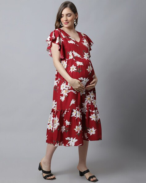 Women’s Floral Print Fit & Flare Maternity Dress – V-Neck