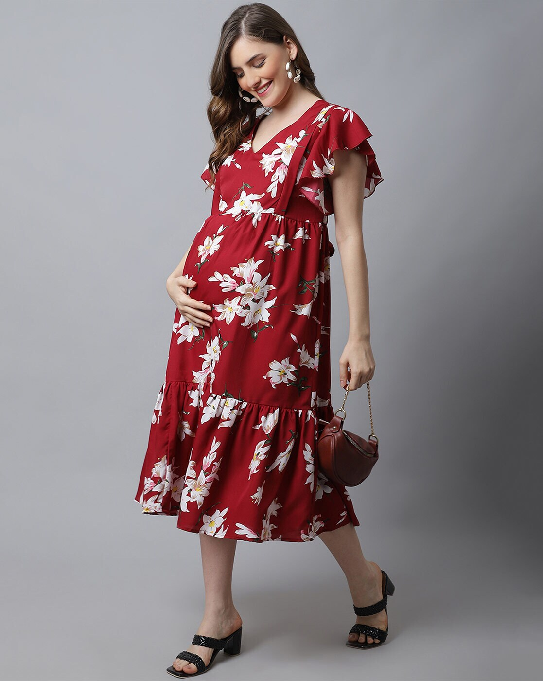 Women’s Floral Print Fit & Flare Maternity Dress – V-Neck
