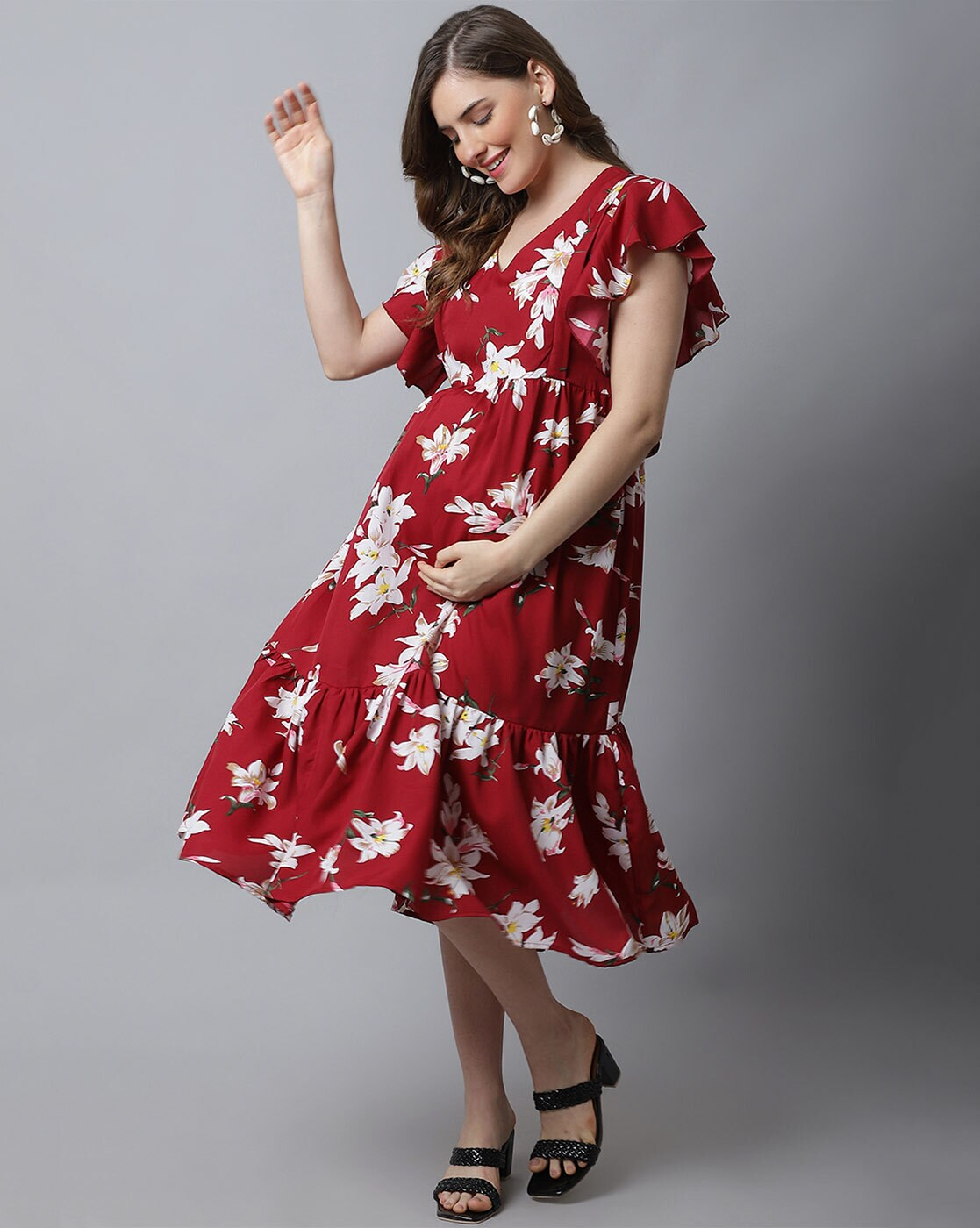 Women’s Floral Print Fit & Flare Maternity Dress – V-Neck