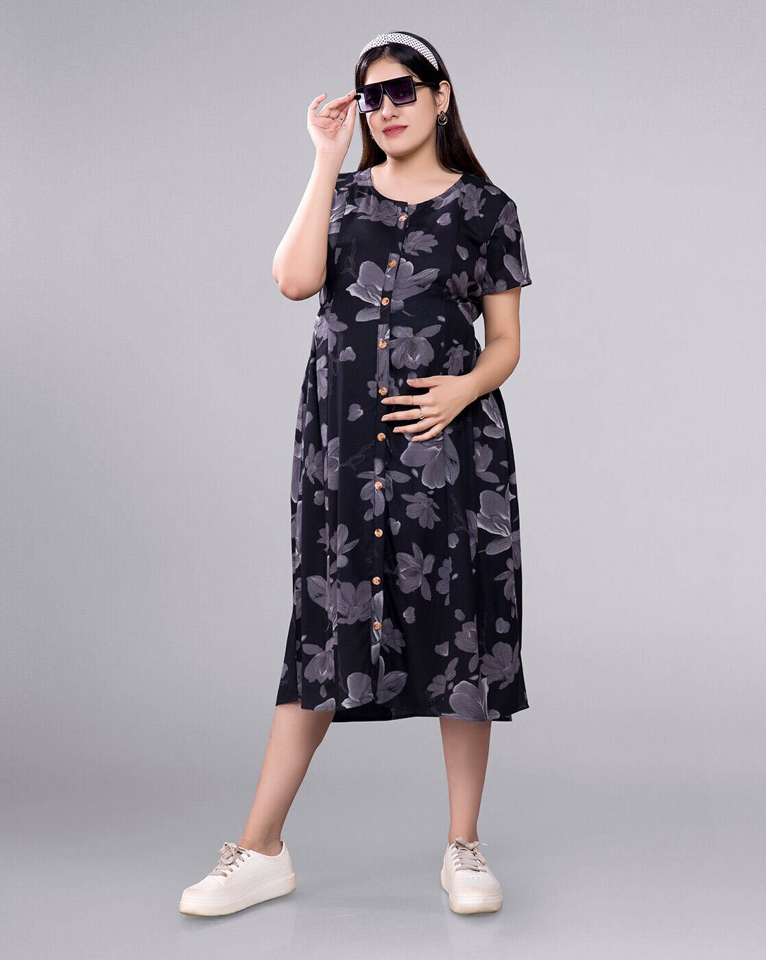 "Women’s floral fit & flare maternity dress with hidden feeding zippers – breathable rayon nursing wear"