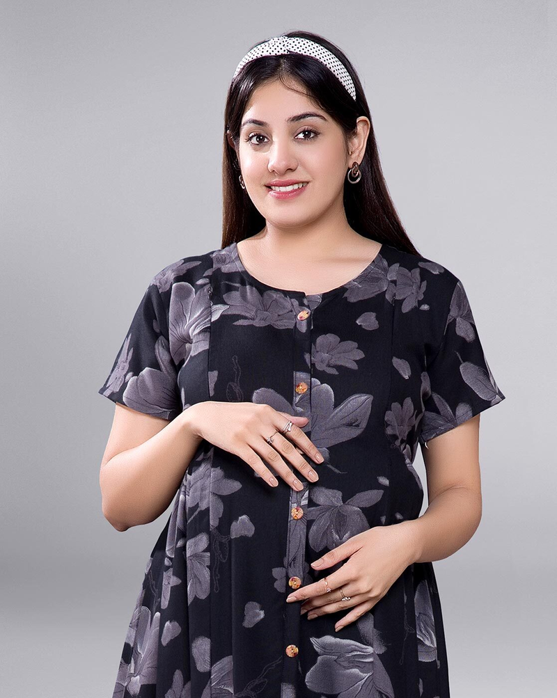 "Women’s floral fit & flare maternity dress with hidden feeding zippers – breathable rayon nursing wear"