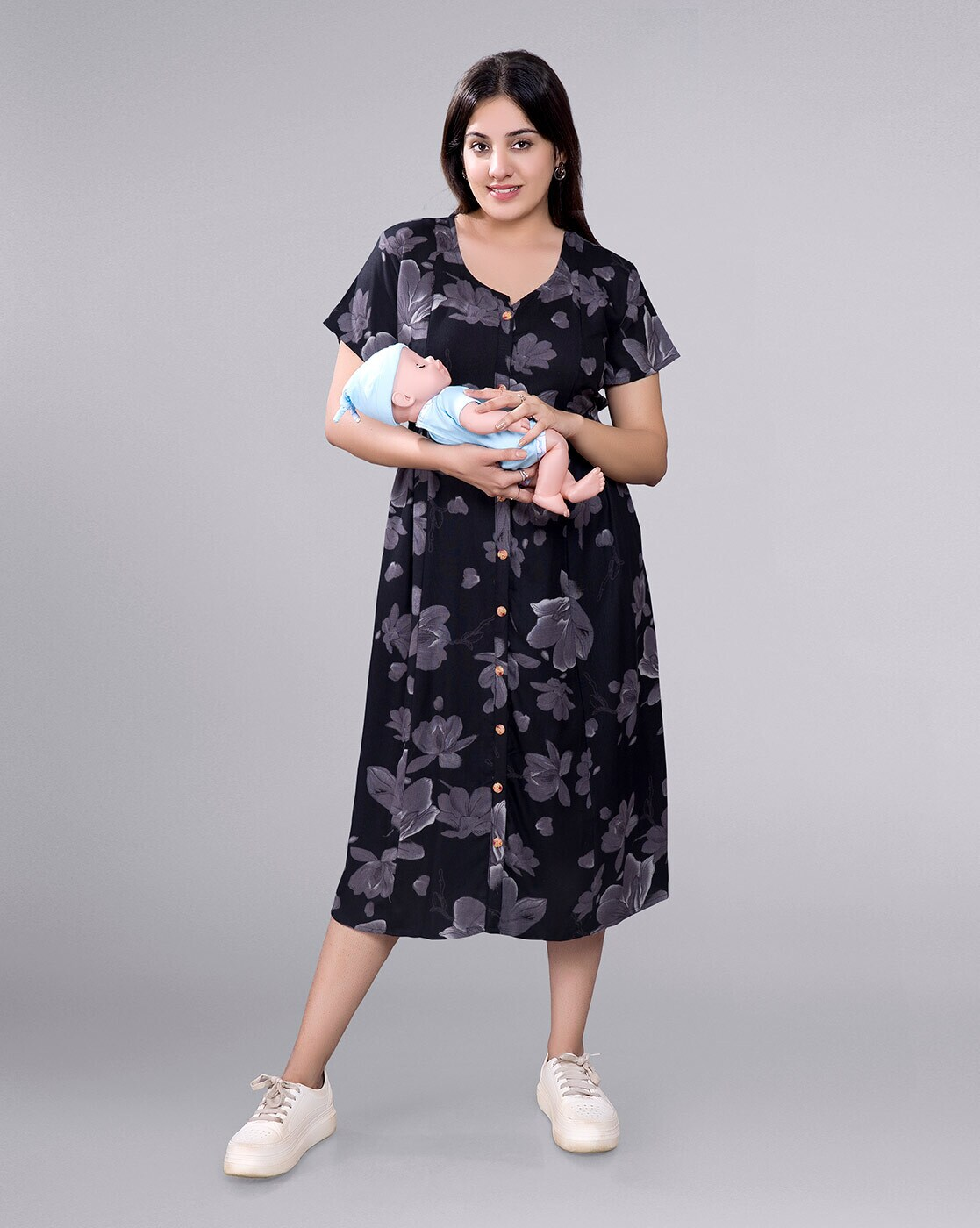 "Women’s floral fit & flare maternity dress with hidden feeding zippers – breathable rayon nursing wear"