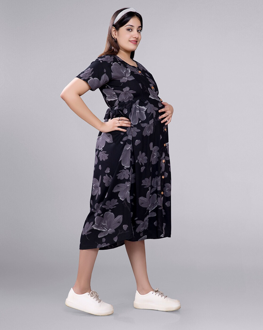 "Women’s floral fit & flare maternity dress with hidden feeding zippers – breathable rayon nursing wear"