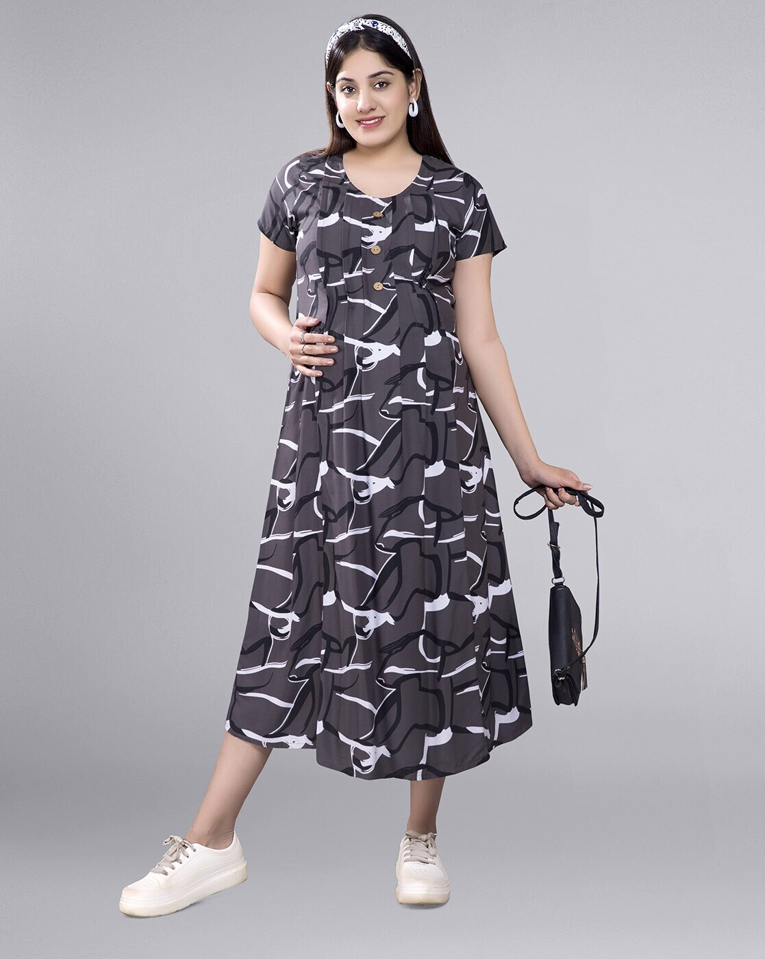 "Women’s abstract print maternity dress with round neck and feeding zippers – breathable rayon A-line style"