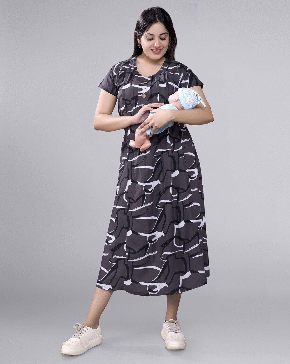 "Women’s abstract print maternity dress with round neck and feeding zippers – breathable rayon A-line style"