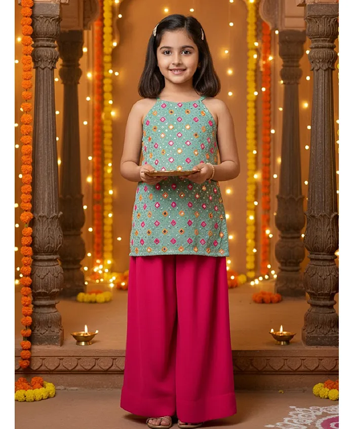 Cotton Silk Knit Sleeveless Mirror Work Embellished Top & Palazzo Set – Green