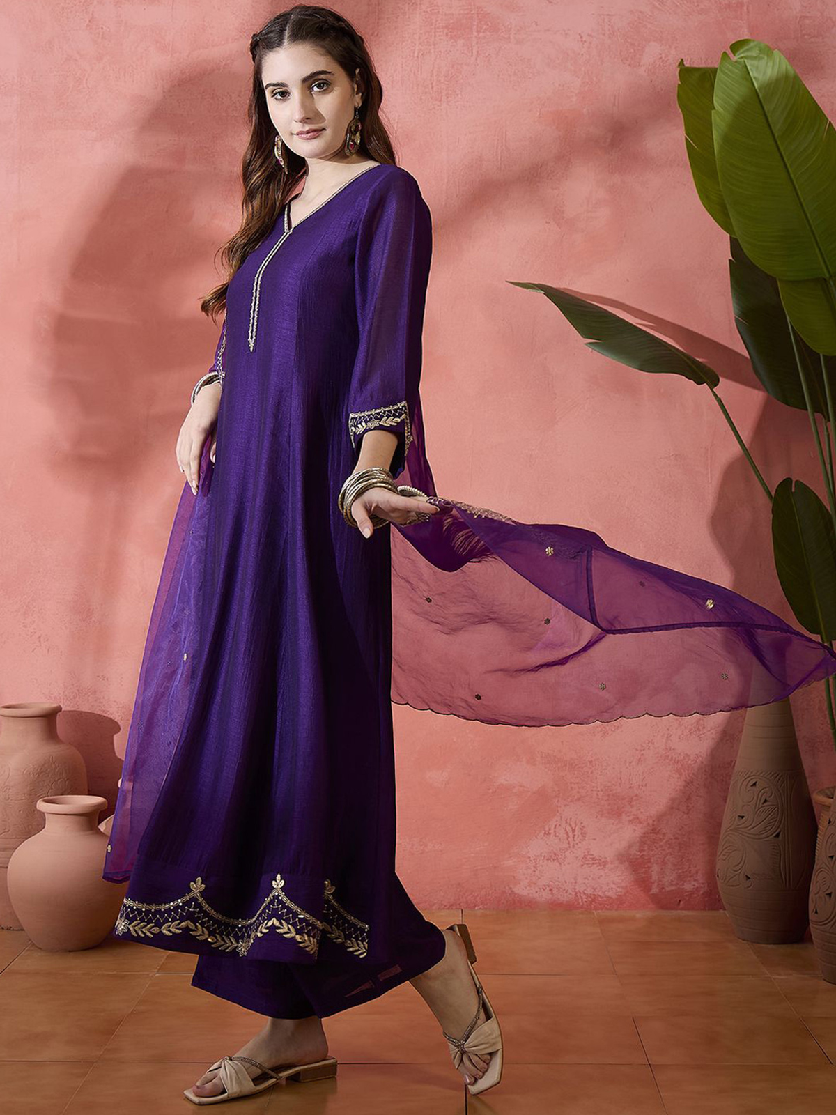 Women’s Purple Embroidered Kurta Set with Trousers & Dupatta
