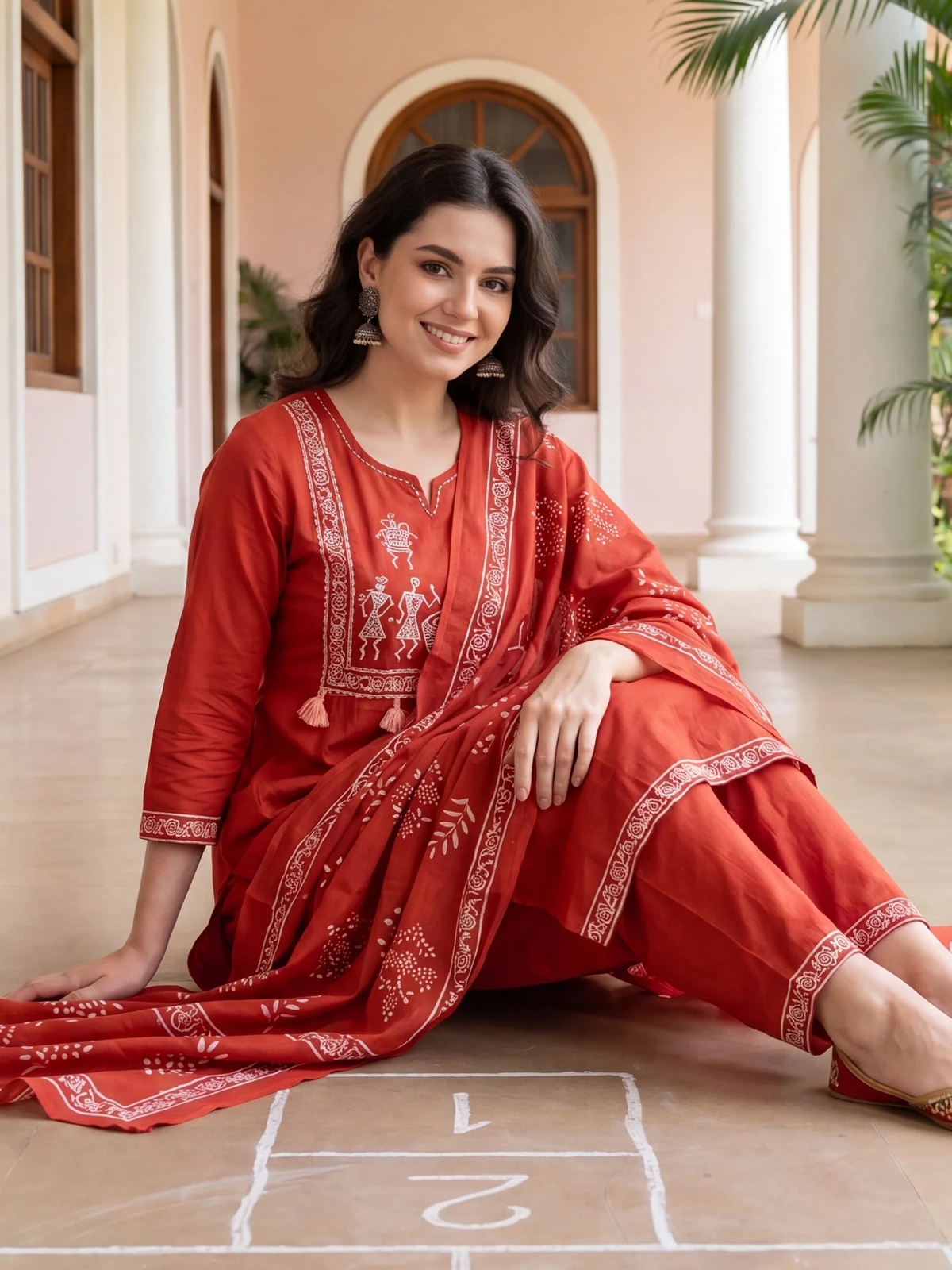 Woman in a red traditional outfit sitting on a floor with a classical architecture background