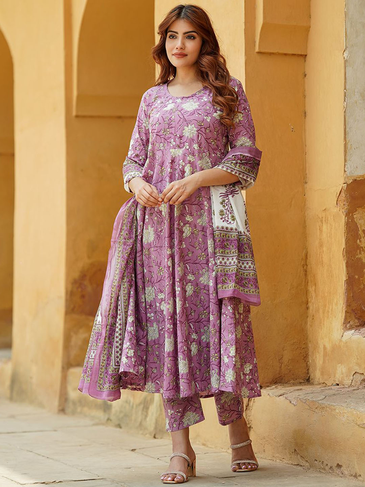 Mauve & White Floral Printed Cotton Anarkali Kurta Set with Trousers & Dupatta